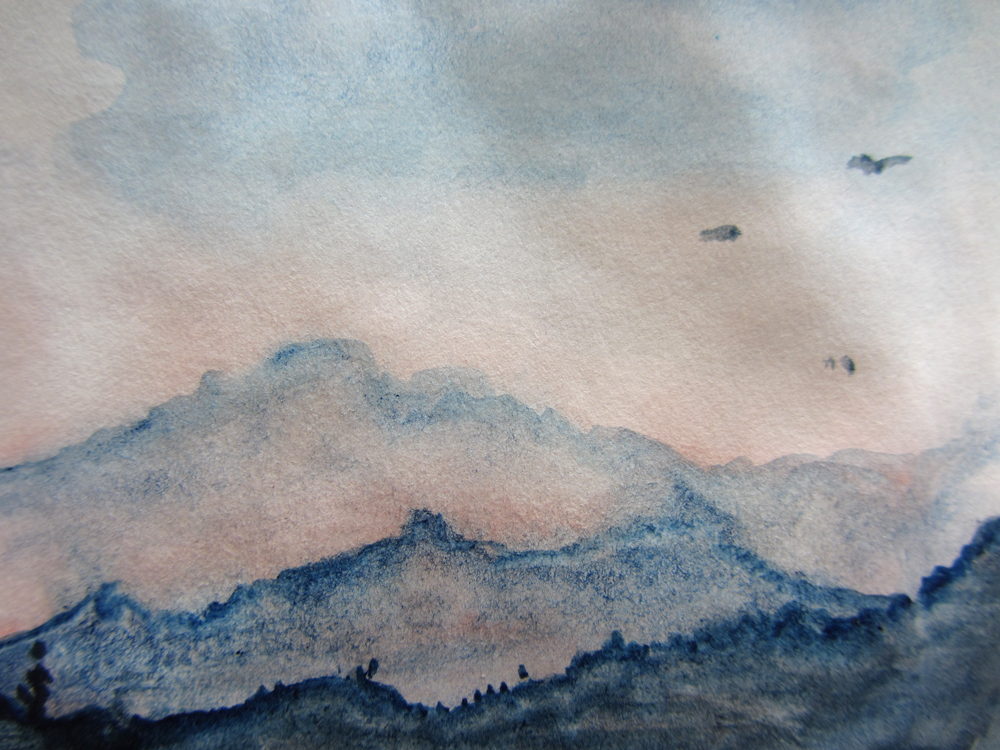 akvarel modré hory